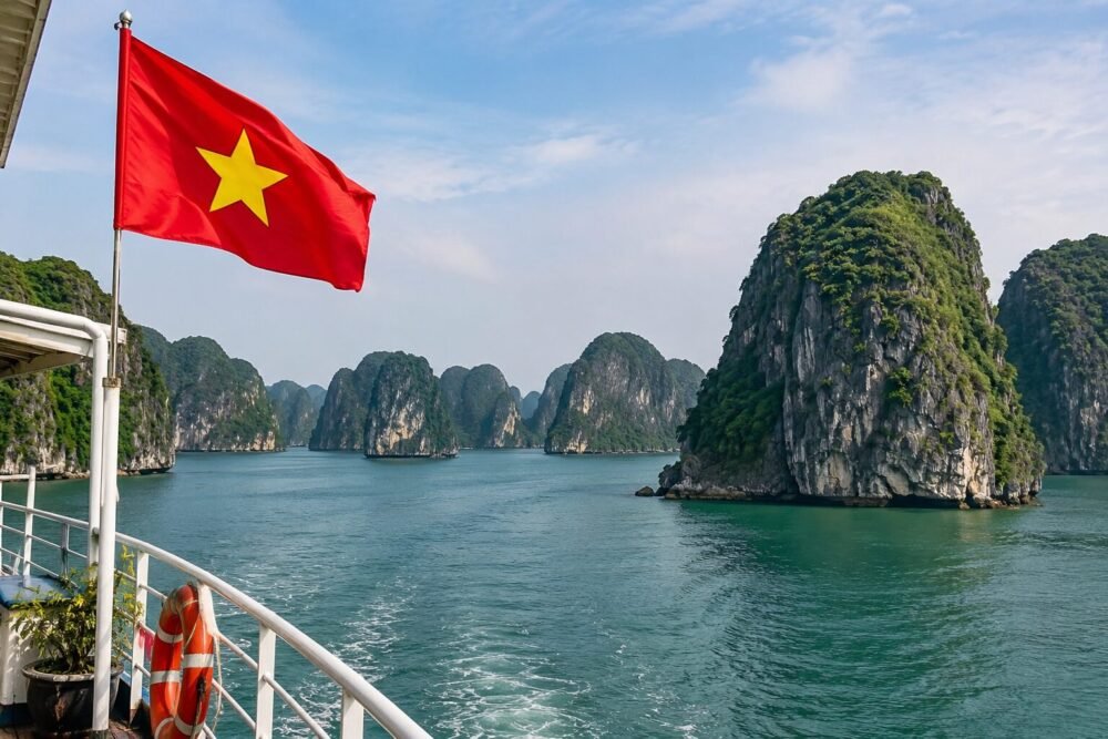 Rocas en el mar vistas desde el barco hacia Cat Ba con la bandera de Vietnam