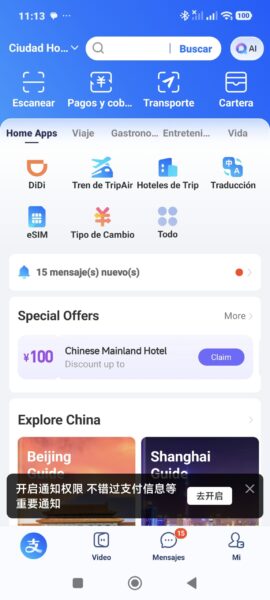 app de Alipay, viajar a China con el móvil