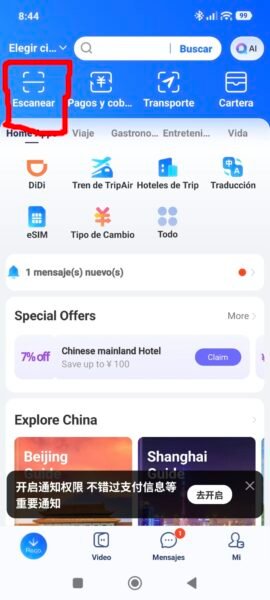 Pantalla de la app Alipay mostrando el botón Escanear resaltado en rojo
