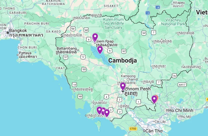 Mapa de Camboya con Siem Reap, Phnom Penh, Kampot y otros destinos