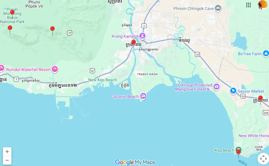 Mapa de la zona de Kampot con los destinos incluidos en esta guía