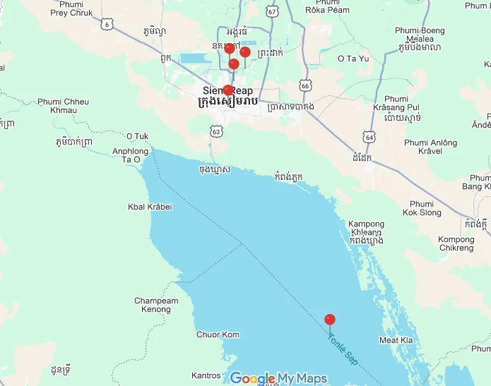 Mapa de Siem Reap con los destinos incluidos en esta guía